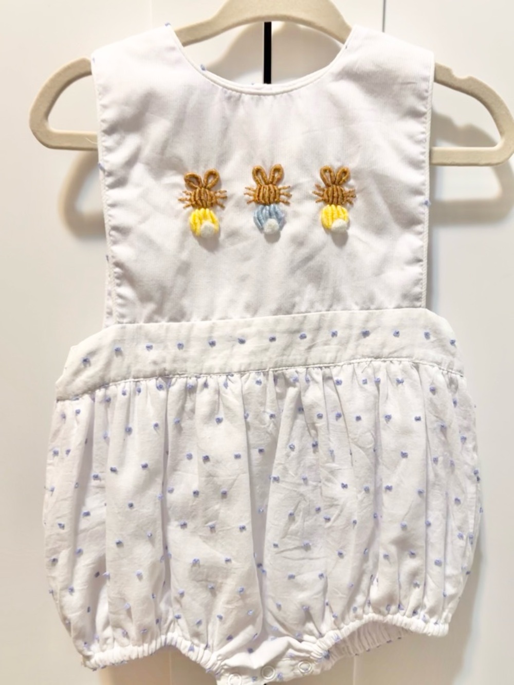 Magnolia White Romper with Blue Dot Embroidery and Yellow Bunny Details
